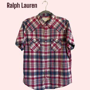 Ralph Lauren Denim Supply Western Pearl Snap Shirt XL Red Blue Plaid EUC